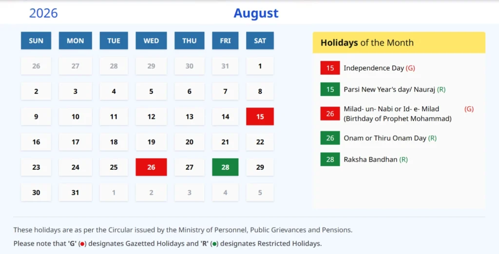 Indian Calendar August 2026