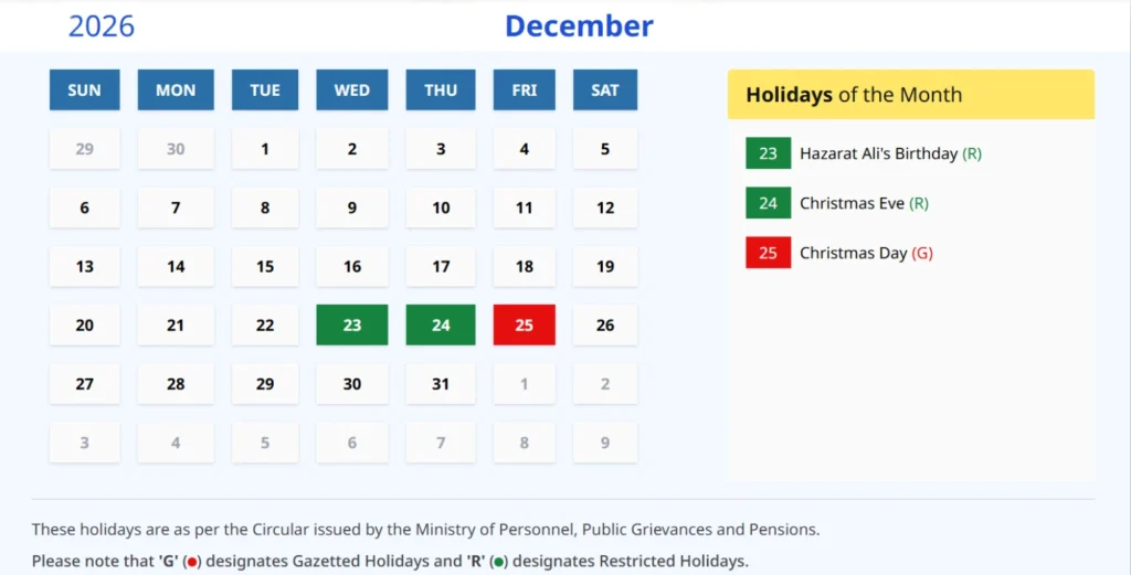 Indian Calendar December 2026