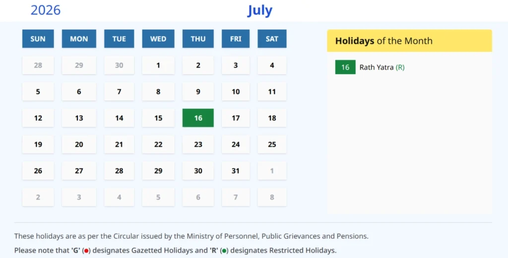 Indian Calendar July 2026