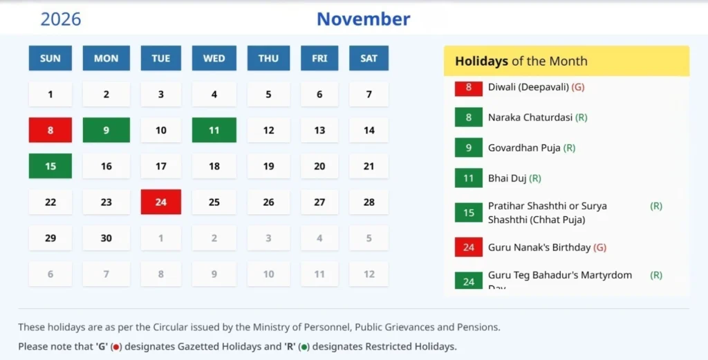Indian Calendar November 2026