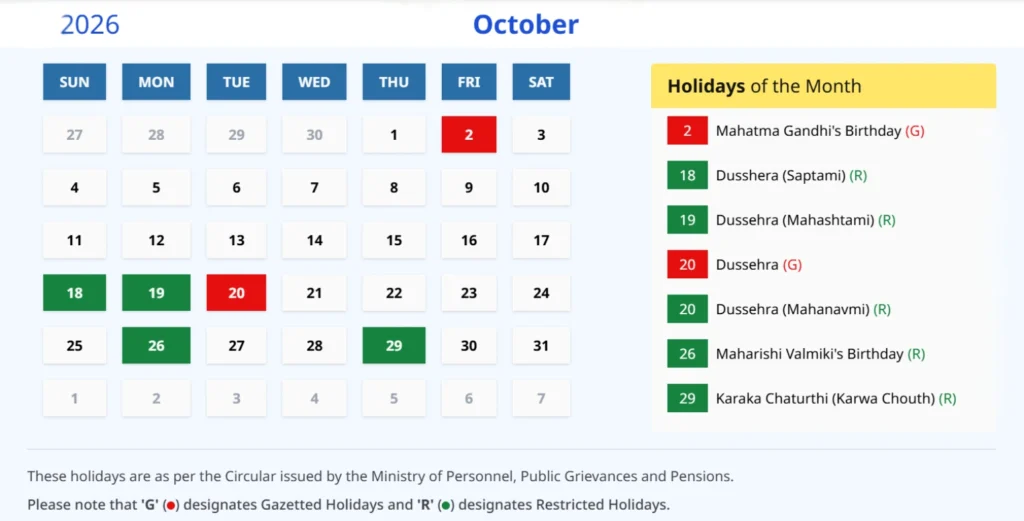 Indian Calendar October 2026